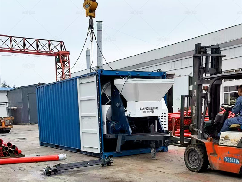 More than half of the concrete mixture pump inside the container